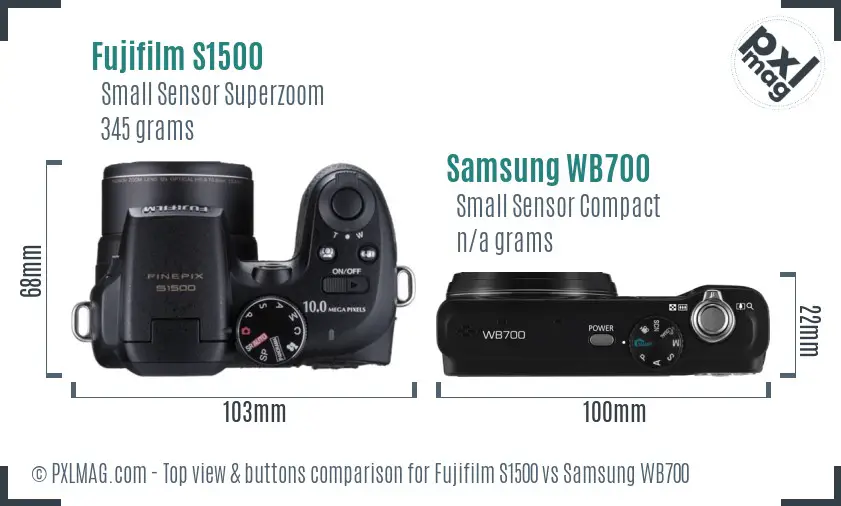 Fujifilm S1500 vs Samsung WB700 top view buttons comparison Fujifilm S1500 vs Samsung WB700 top view buttons comparison