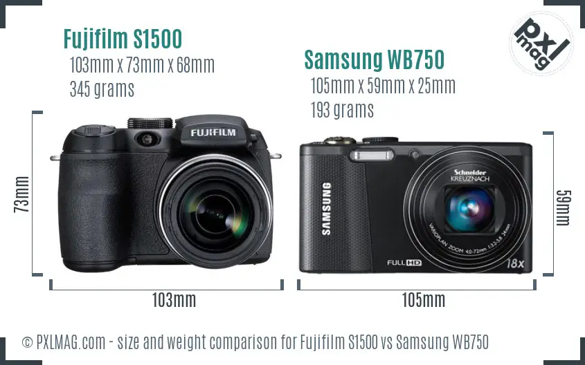 Fujifilm S1500 vs Samsung WB750 size comparison