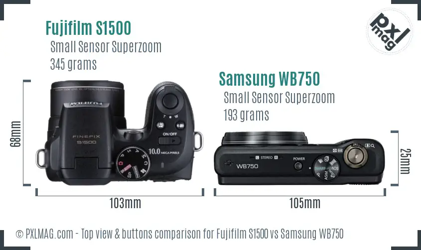 Fujifilm S1500 vs Samsung WB750 top view buttons comparison