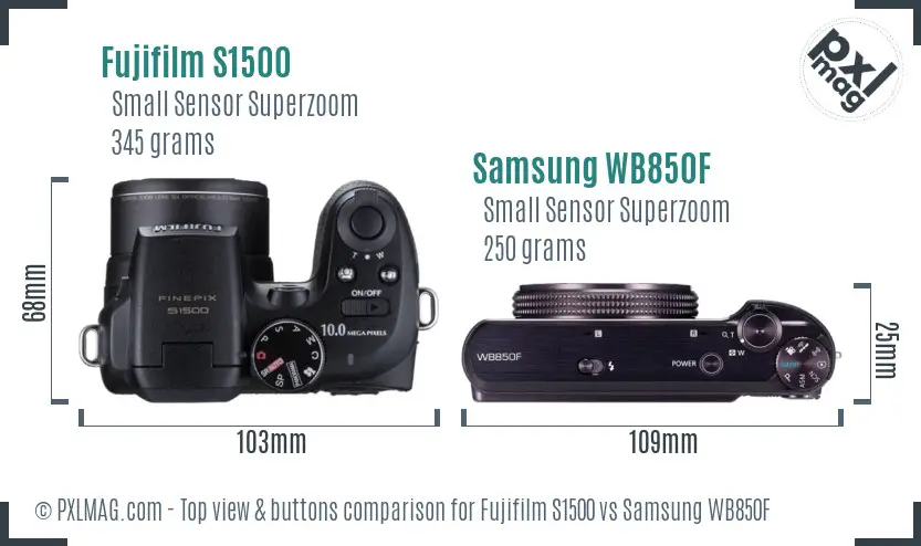 Fujifilm S1500 vs Samsung WB850F top view buttons comparison