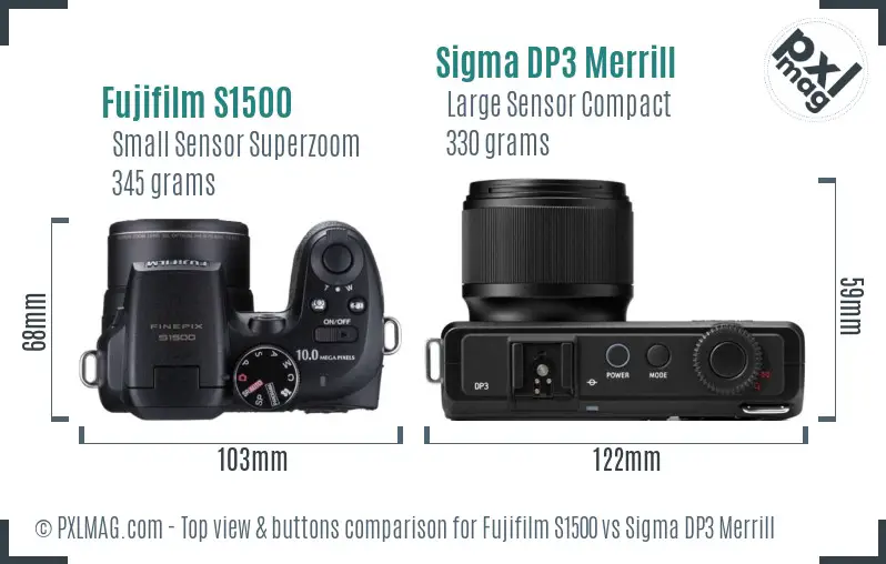 Fujifilm S1500 vs Sigma DP3 Merrill top view buttons comparison Fujifilm S1500 vs Sigma DP3 Merrill top view buttons comparison