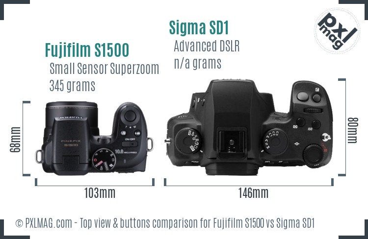 Fujifilm S1500 vs Sigma SD1 top view buttons comparison
