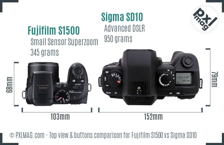 Fujifilm S1500 vs Sigma SD10 top view buttons comparison