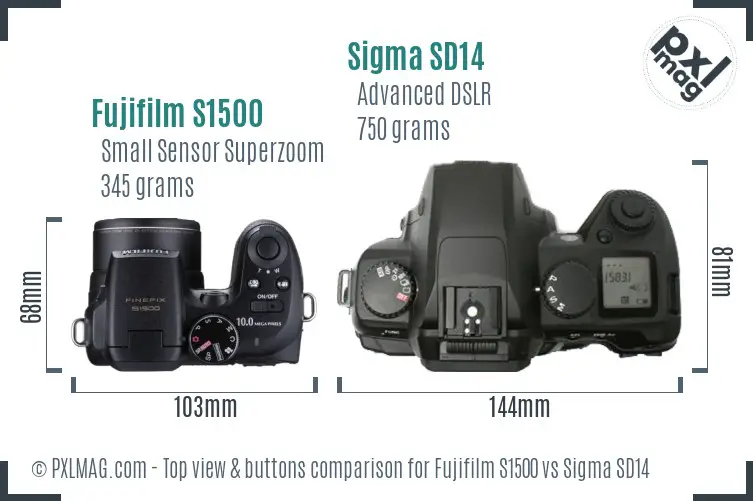 Fujifilm S1500 vs Sigma SD14 top view buttons comparison