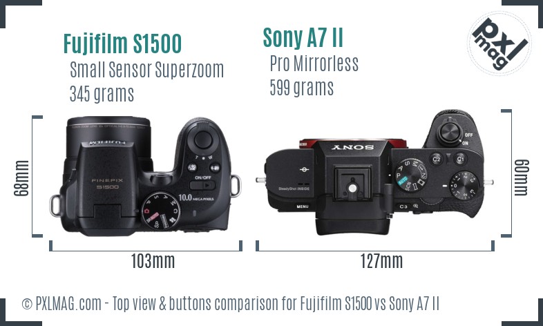 Fujifilm S1500 vs Sony A7 II top view buttons comparison