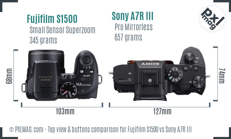 Fujifilm S1500 vs Sony A7R III top view buttons comparison