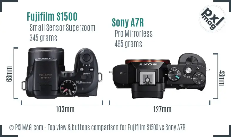 Fujifilm S1500 vs Sony A7R top view buttons comparison