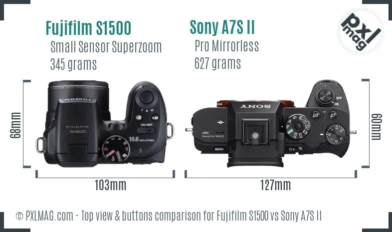 Fujifilm S1500 vs Sony A7S II top view buttons comparison