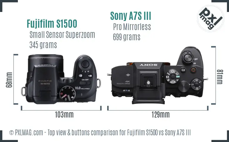 Fujifilm S1500 vs Sony A7S III top view buttons comparison