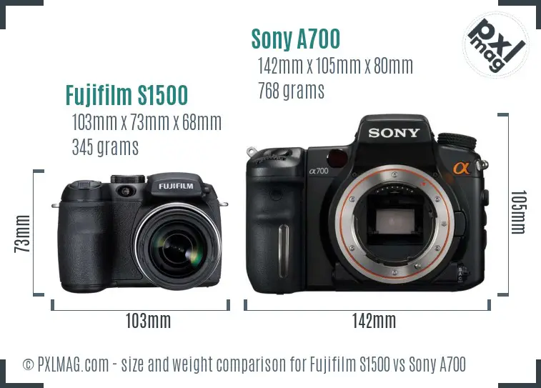 Fujifilm S1500 vs Sony A700 size comparison