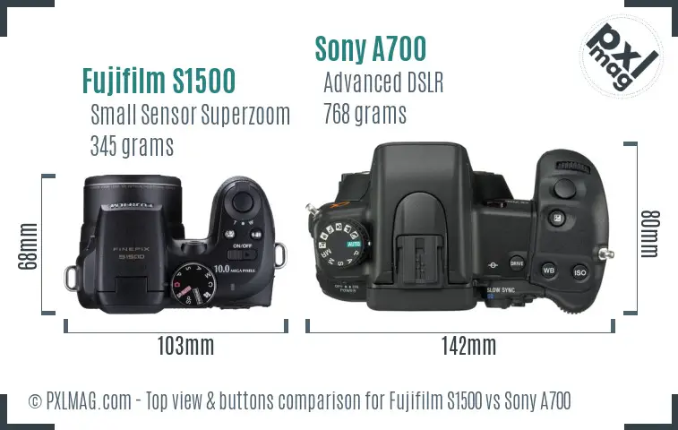 Fujifilm S1500 vs Sony A700 top view buttons comparison