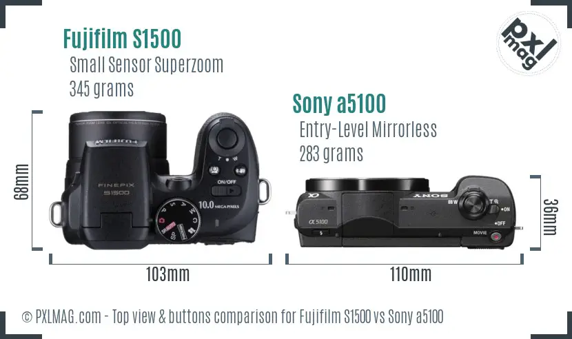 Fujifilm S1500 vs Sony a5100 top view buttons comparison
