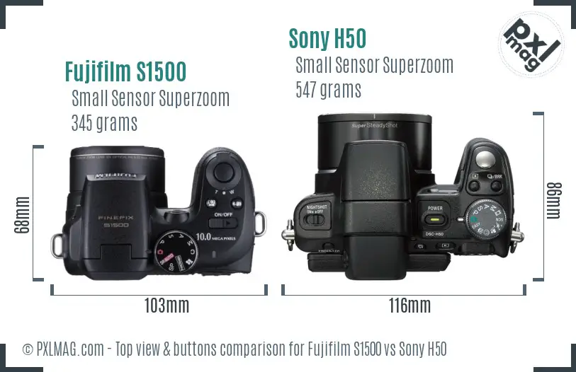Fujifilm S1500 vs Sony H50 top view buttons comparison Fujifilm S1500 vs Sony H50 top view buttons comparison