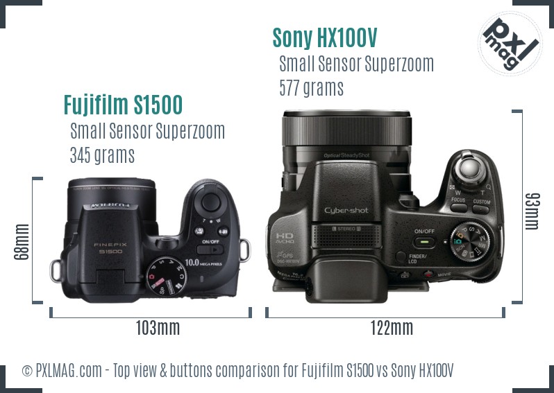 Fujifilm S1500 vs Sony HX100V top view buttons comparison