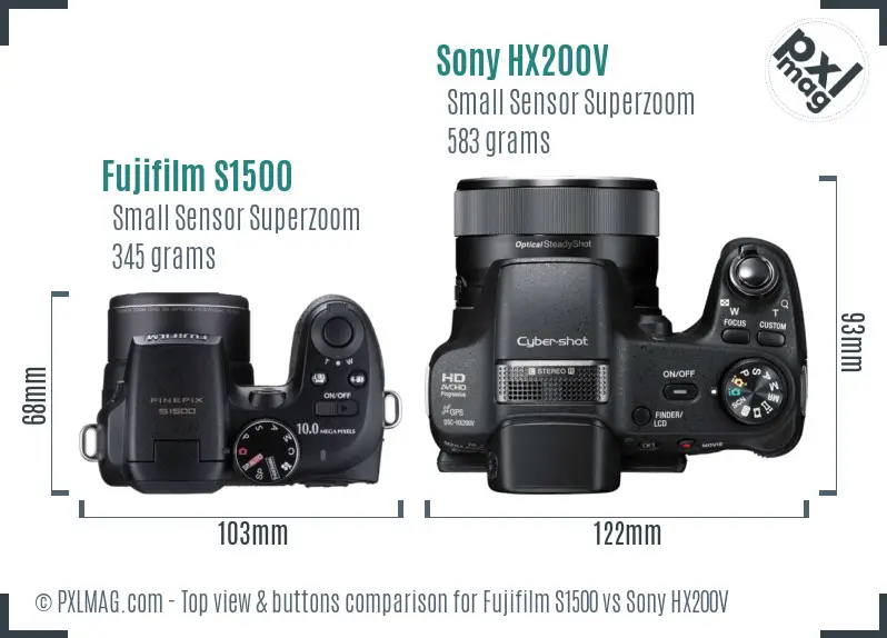Fujifilm S1500 vs Sony HX200V top view buttons comparison