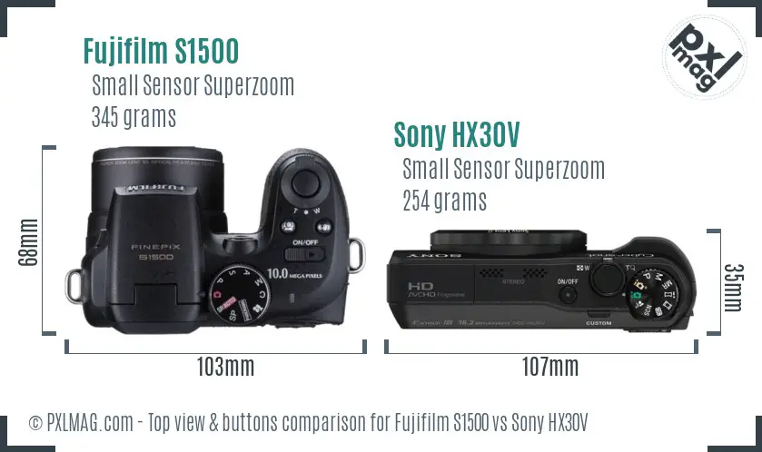 Fujifilm S1500 vs Sony HX30V top view buttons comparison