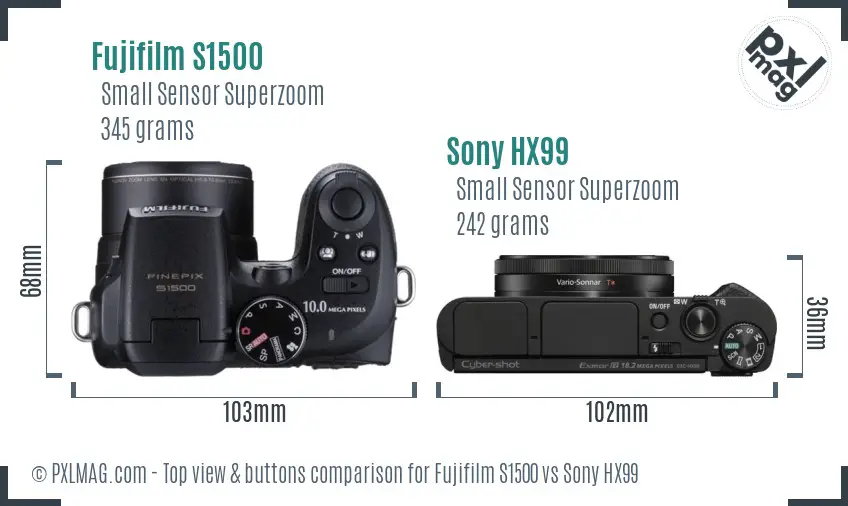 Fujifilm S1500 vs Sony HX99 top view buttons comparison