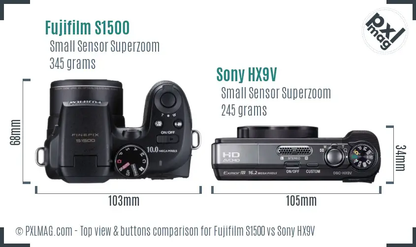 Fujifilm S1500 vs Sony HX9V top view buttons comparison