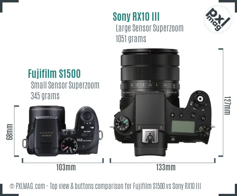 Fujifilm S1500 vs Sony RX10 III top view buttons comparison Fujifilm S1500 vs Sony RX10 III top view buttons comparison