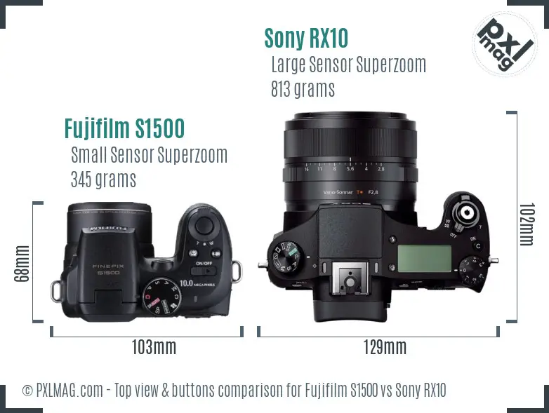 Fujifilm S1500 vs Sony RX10 top view buttons comparison