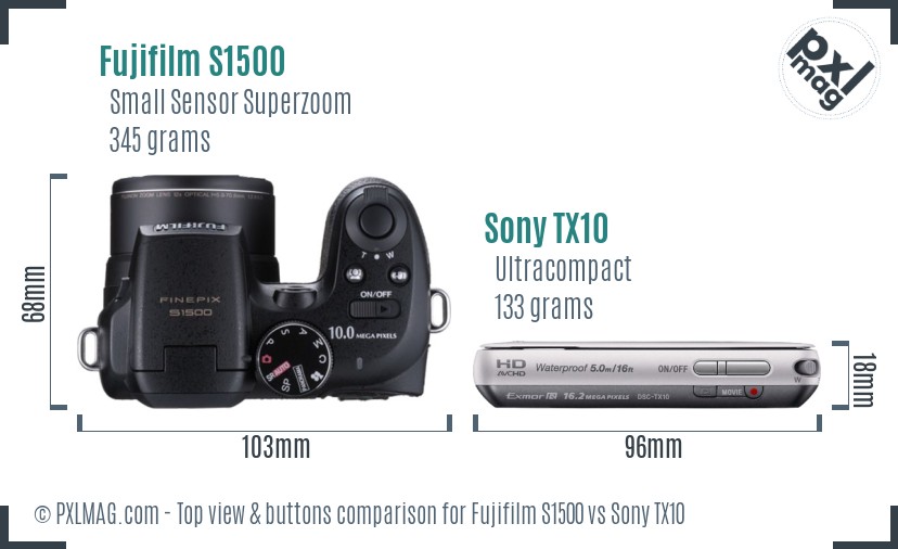 Fujifilm S1500 vs Sony TX10 top view buttons comparison