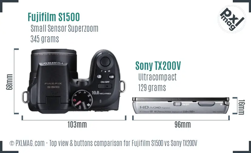 Fujifilm S1500 vs Sony TX200V top view buttons comparison