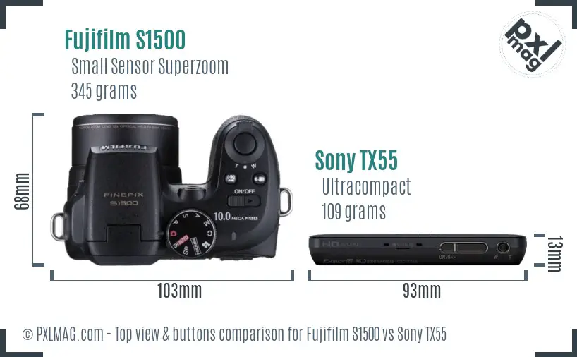 Fujifilm S1500 vs Sony TX55 top view buttons comparison