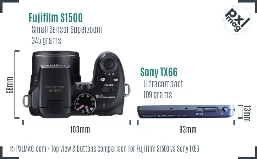 Fujifilm S1500 vs Sony TX66 top view buttons comparison