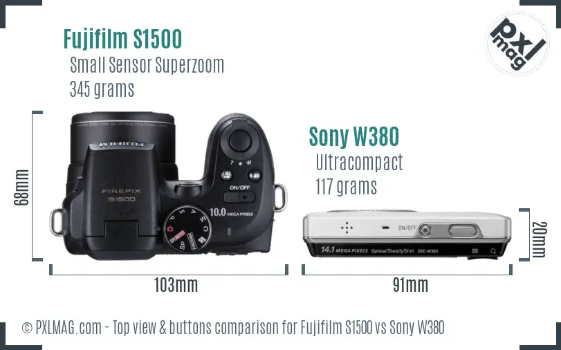 Fujifilm S1500 vs Sony W380 top view buttons comparison Fujifilm S1500 vs Sony W380 top view buttons comparison