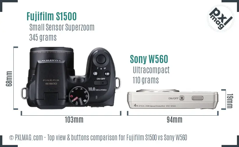 Fujifilm S1500 vs Sony W560 top view buttons comparison