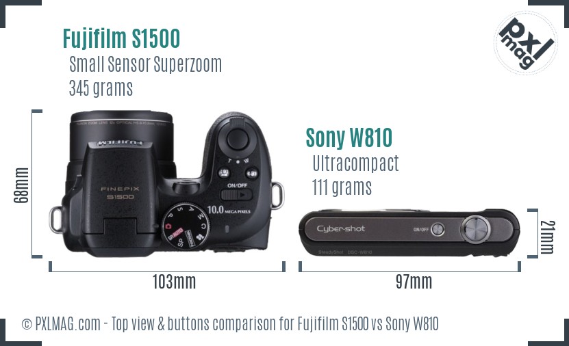 Fujifilm S1500 vs Sony W810 top view buttons comparison