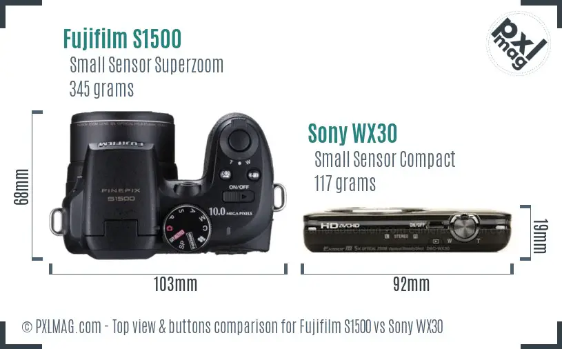 Fujifilm S1500 vs Sony WX30 top view buttons comparison