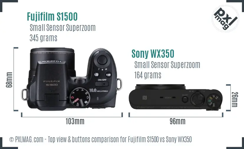 Fujifilm S1500 vs Sony WX350 top view buttons comparison Fujifilm S1500 vs Sony WX350 top view buttons comparison