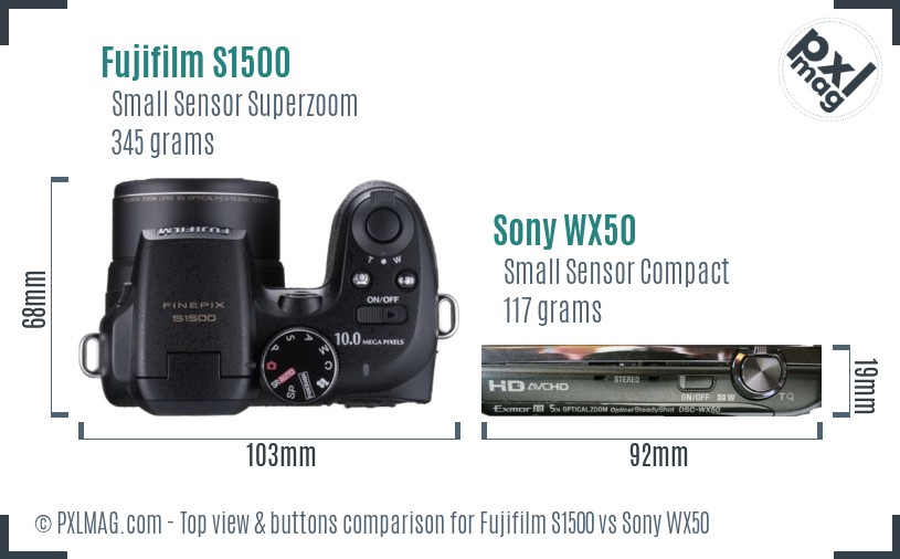 Fujifilm S1500 vs Sony WX50 top view buttons comparison