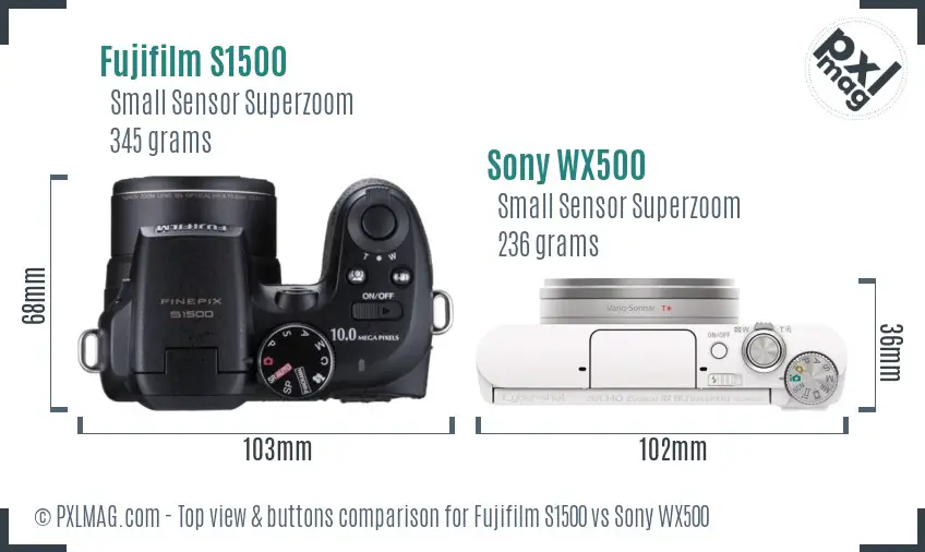 Fujifilm S1500 vs Sony WX500 top view buttons comparison