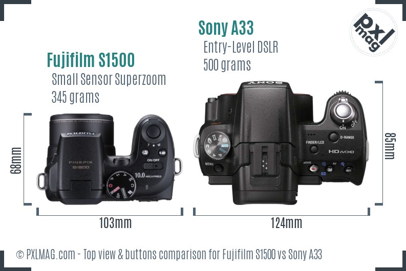 Fujifilm S1500 vs Sony A33 top view buttons comparison
