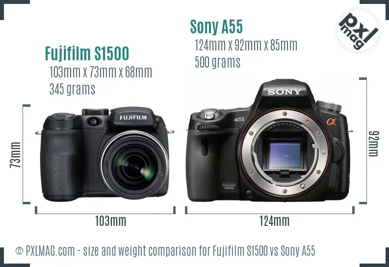 Fujifilm S1500 vs Sony A55 size comparison