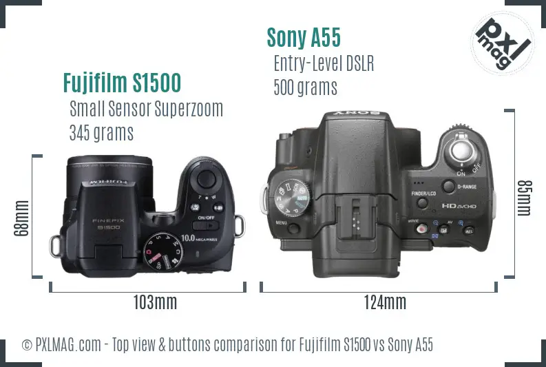 Fujifilm S1500 vs Sony A55 top view buttons comparison