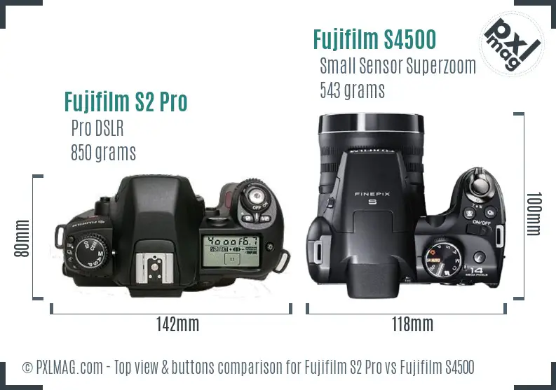 Fujifilm S2 Pro vs Fujifilm S4500 top view buttons comparison Fujifilm S2 Pro vs Fujifilm S4500 top view buttons comparison