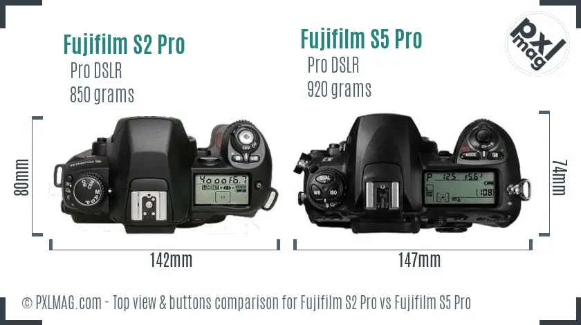 Fujifilm S2 Pro vs Fujifilm S5 Pro top view buttons comparison