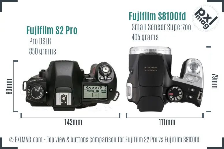 Fujifilm S2 Pro vs Fujifilm S8100fd top view buttons comparison