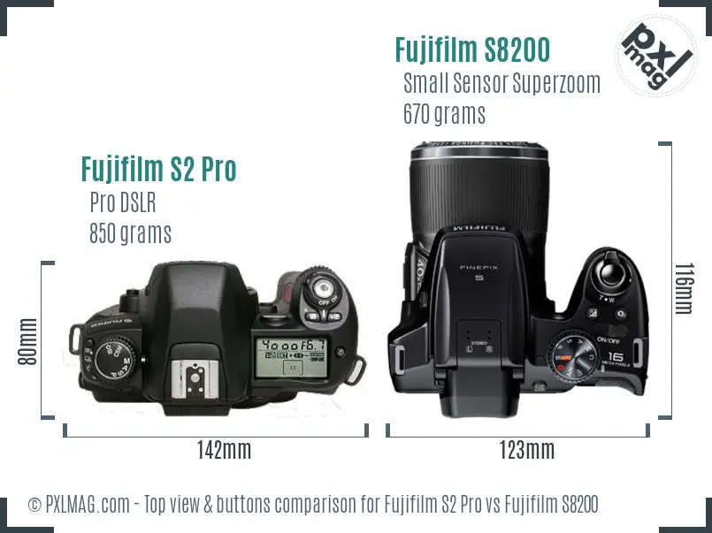 Fujifilm S2 Pro vs Fujifilm S8200 top view buttons comparison Fujifilm S2 Pro vs Fujifilm S8200 top view buttons comparison