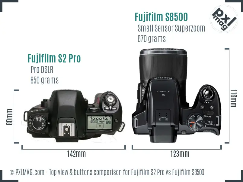 Fujifilm S2 Pro vs Fujifilm S8500 top view buttons comparison