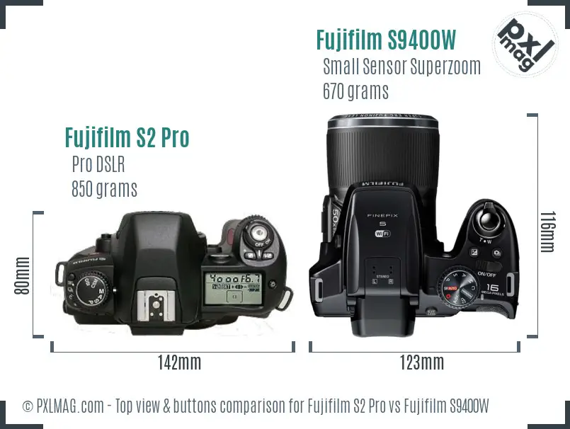 Fujifilm S2 Pro vs Fujifilm S9400W top view buttons comparison Fujifilm S2 Pro vs Fujifilm S9400W top view buttons comparison