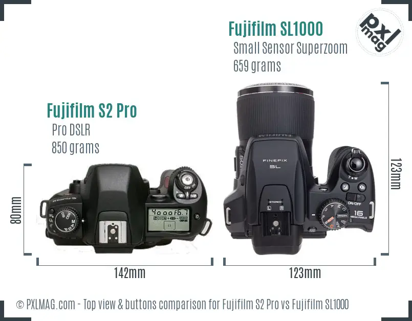 Fujifilm S2 Pro vs Fujifilm SL1000 top view buttons comparison