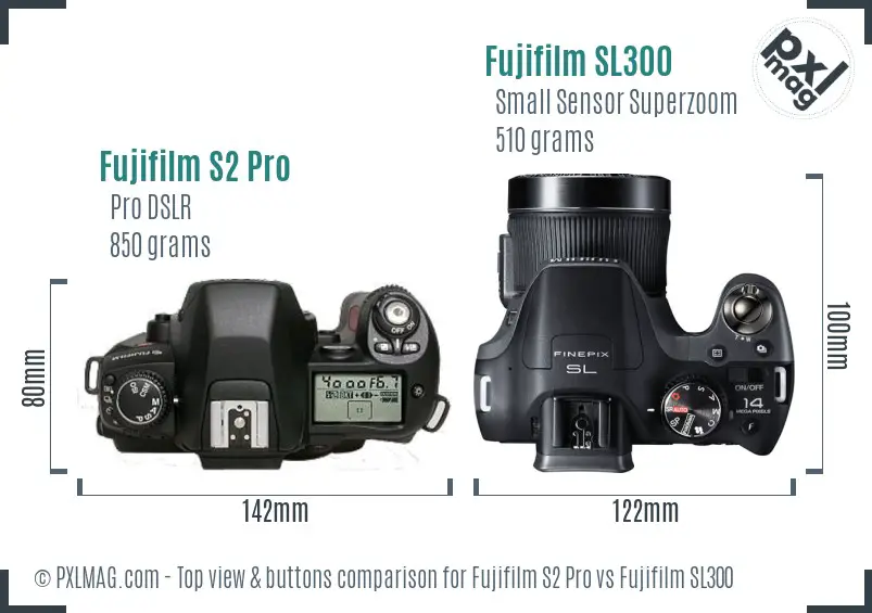 Fujifilm S2 Pro vs Fujifilm SL300 top view buttons comparison Fujifilm S2 Pro vs Fujifilm SL300 top view buttons comparison