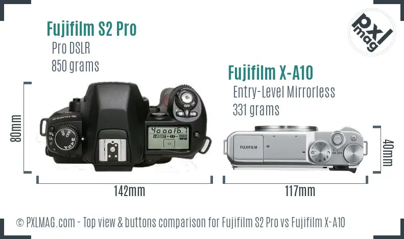 Fujifilm S2 Pro vs Fujifilm X-A10 top view buttons comparison