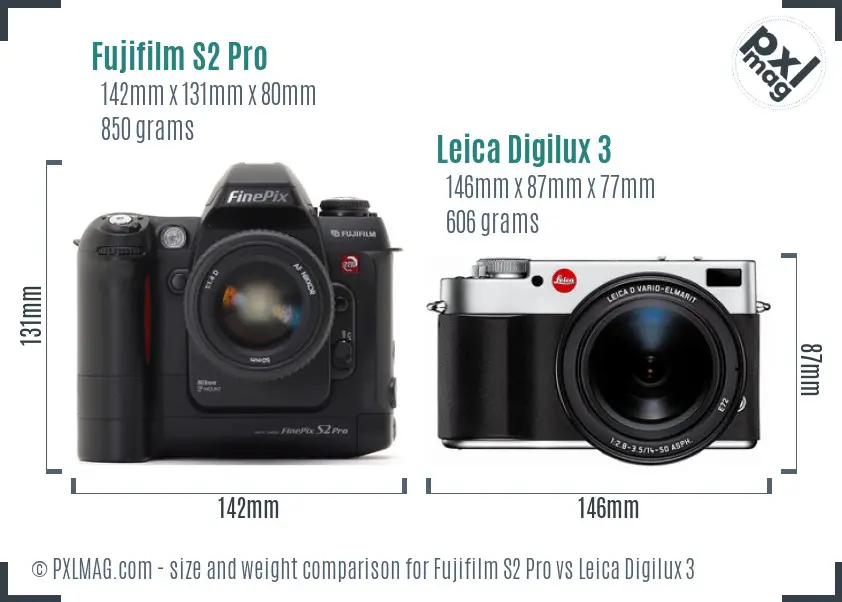 Fujifilm S2 Pro vs Leica Digilux 3 size comparison