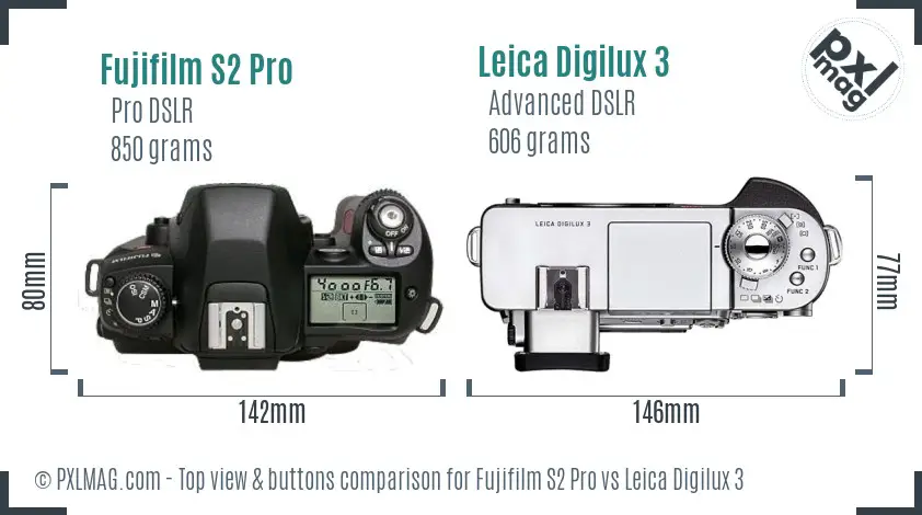 Fujifilm S2 Pro vs Leica Digilux 3 top view buttons comparison