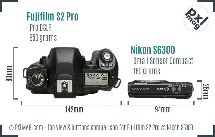 Fujifilm S2 Pro vs Nikon S6300 top view buttons comparison